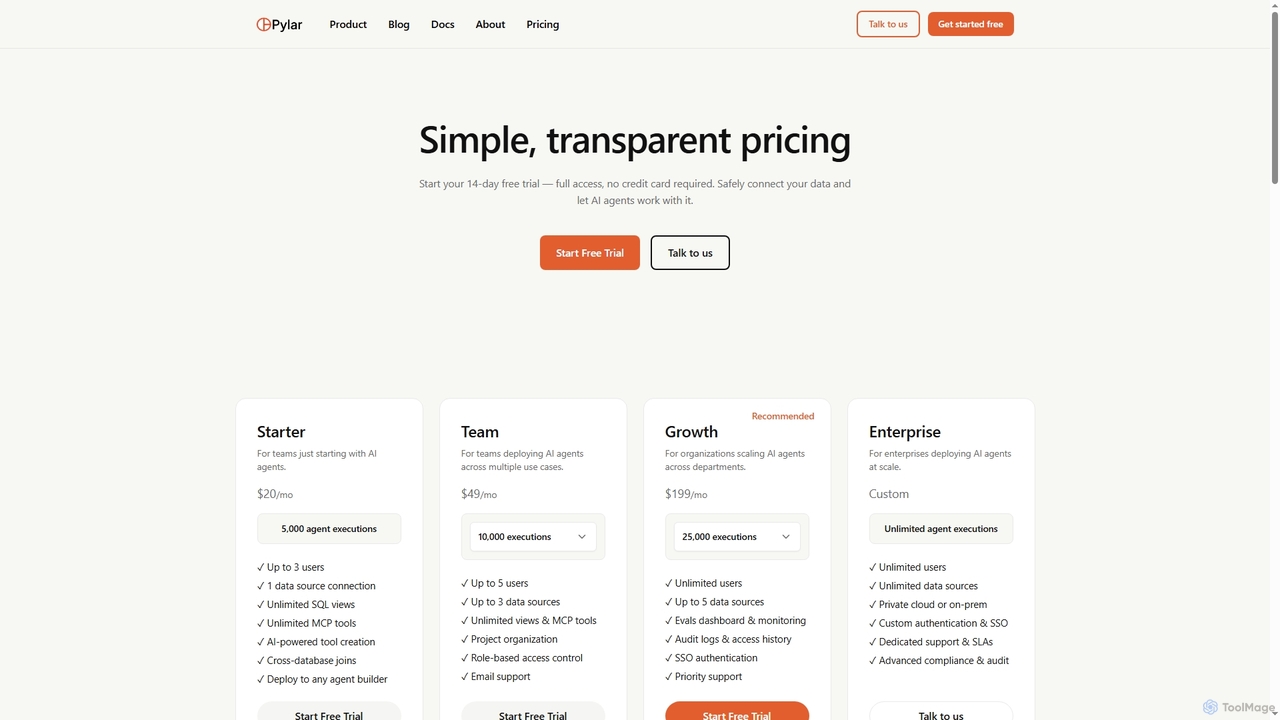 Pricing - Plans for AI Agent Data Access & MCP Tools | Pylar for Pylar