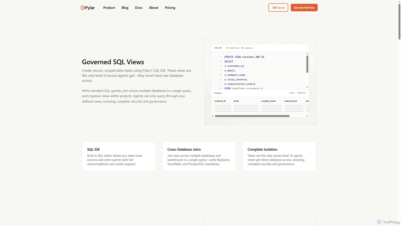 Product - Governed SQL Views, MCP Tools & AI Agent Integration | Pylar for Pylar