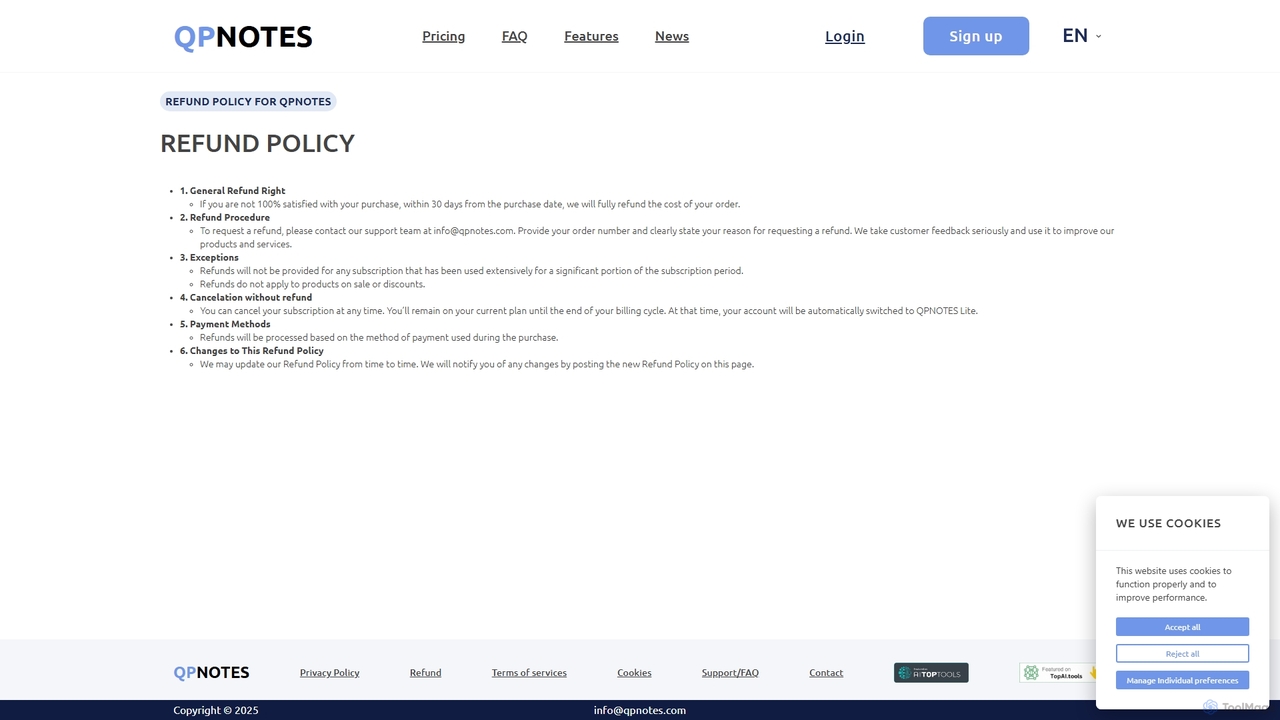 QPNOTES Refund policy for QPNOTES