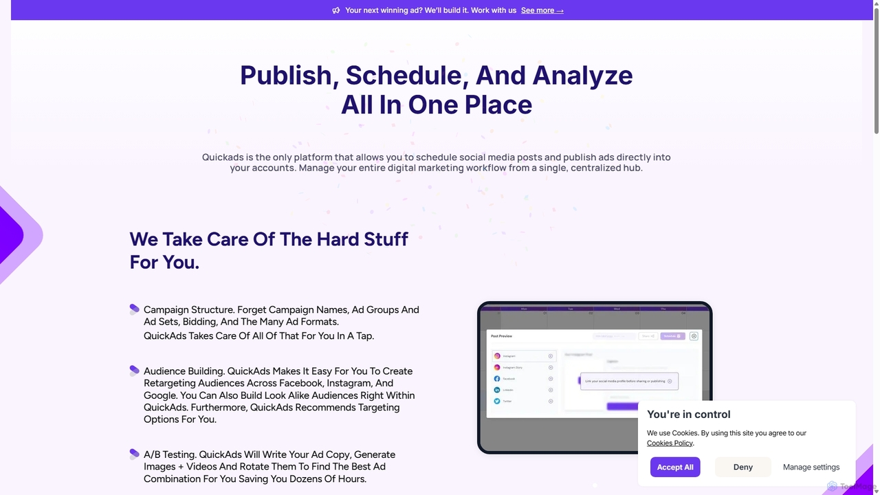 feature publish and manage post, campaigns easily for Quickads