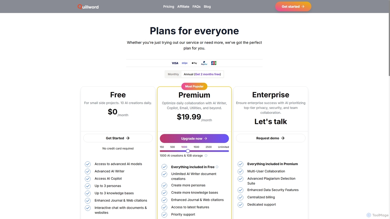 Pricing | QuillWord - Best AI Tool for Academic and Research Writing for QuillWord