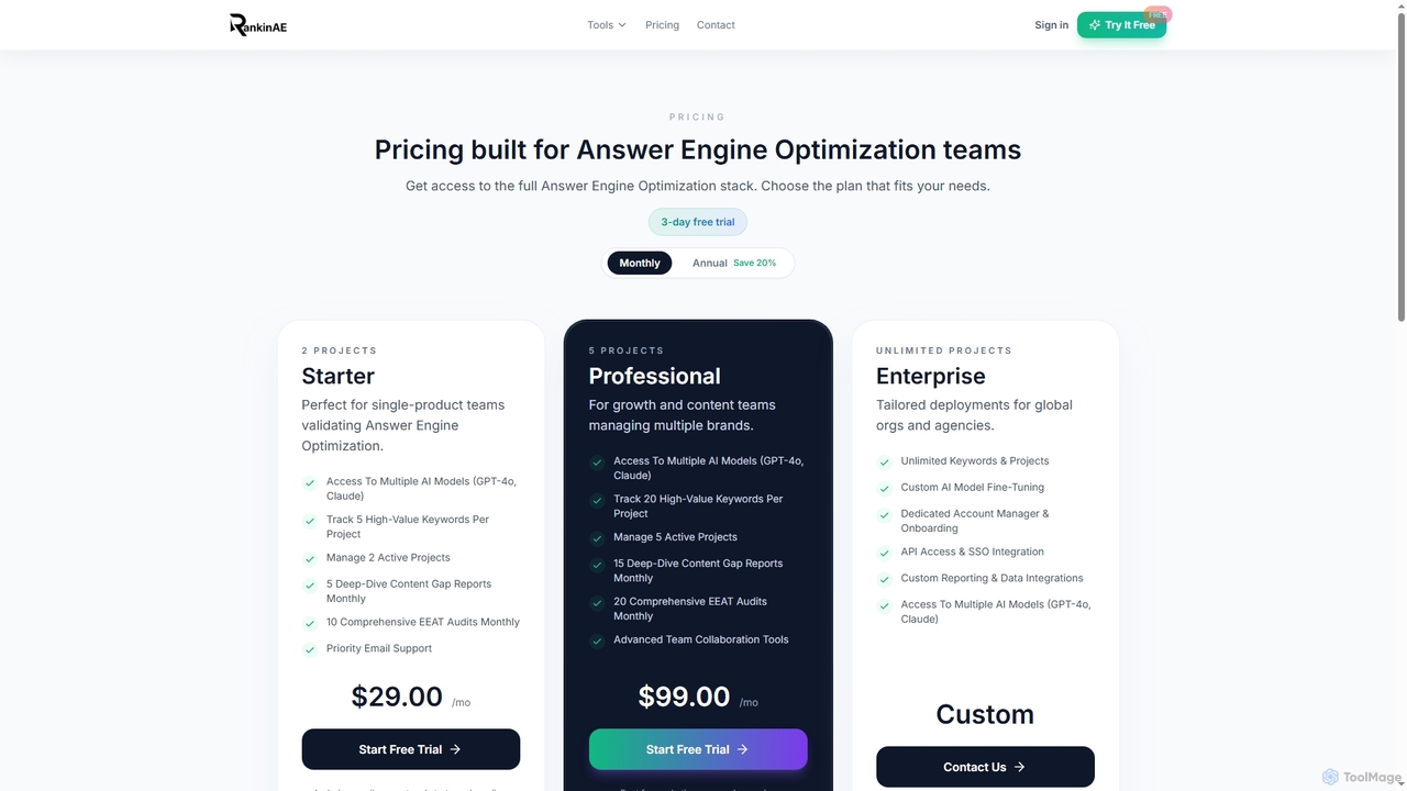 RankinAE Pricing & Plans | Answer Engine Optimization Subscriptions for RankinAE