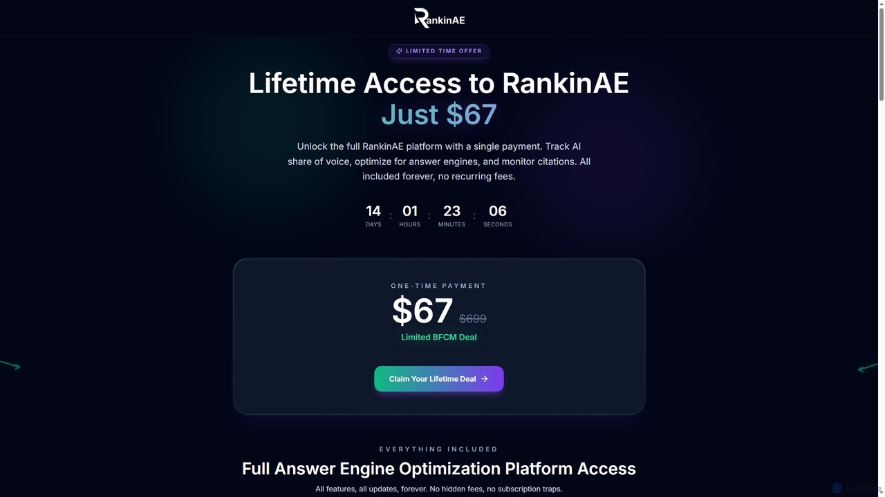RankinAE BFCM Lifetime Deal – Pay Once, Unlock Answer Engine Optimization Insights for RankinAE