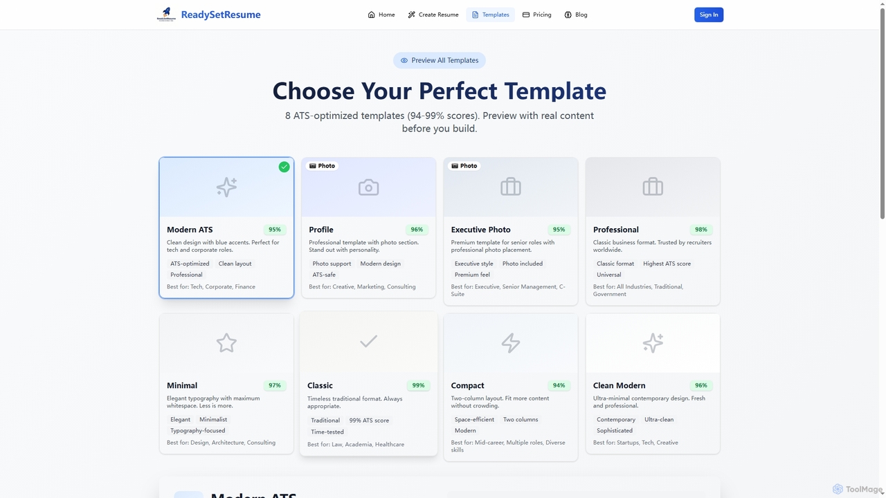 Resume Templates Gallery - Professional ATS-Optimized Designs | ReadySetResume for ReadySetResume