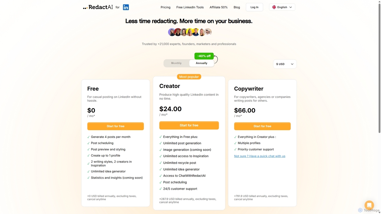 Pricing | RedactAI: LinkedIn post generator with AI for RedactAI