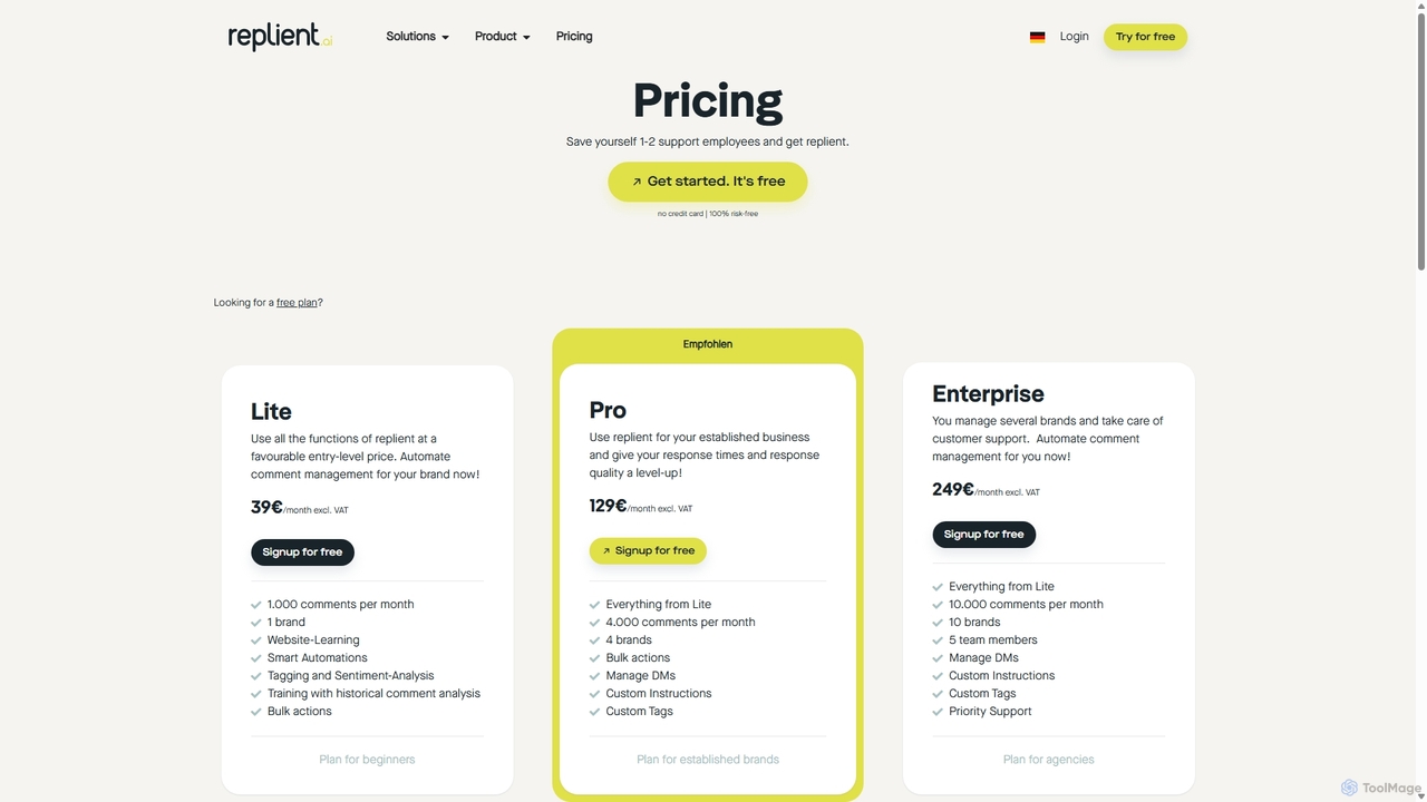 Pricing for automated social media comment management | replient.ai for Replient.ai