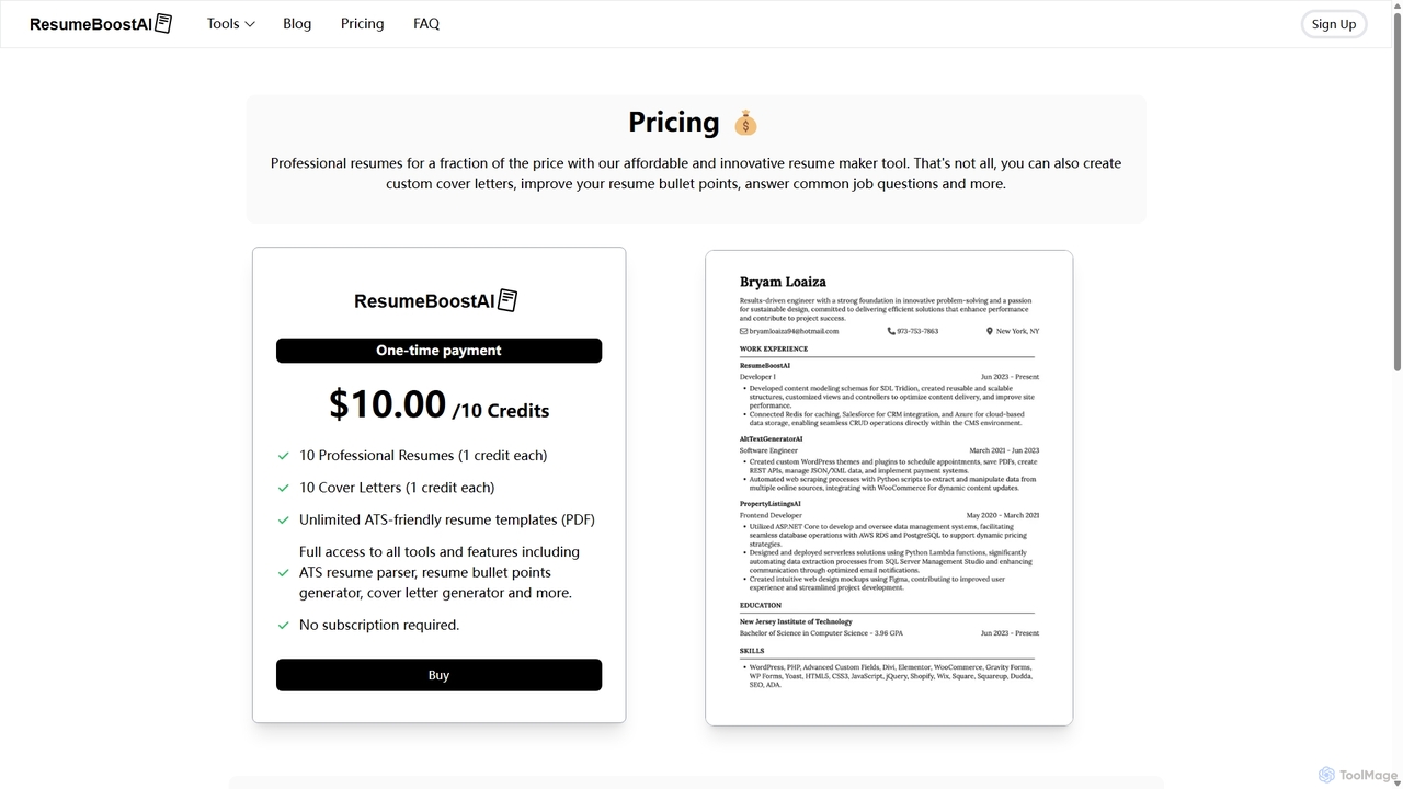 ResumeBoostAI Pricing for ResumeBoostAI