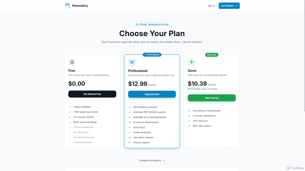 Pricing - AI Resume Builder Plans | ResumeEzy for ResumeEzy