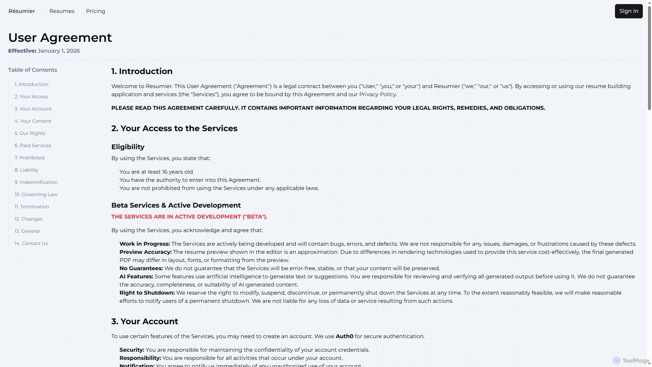 User Agreement - Resumier for Resumier