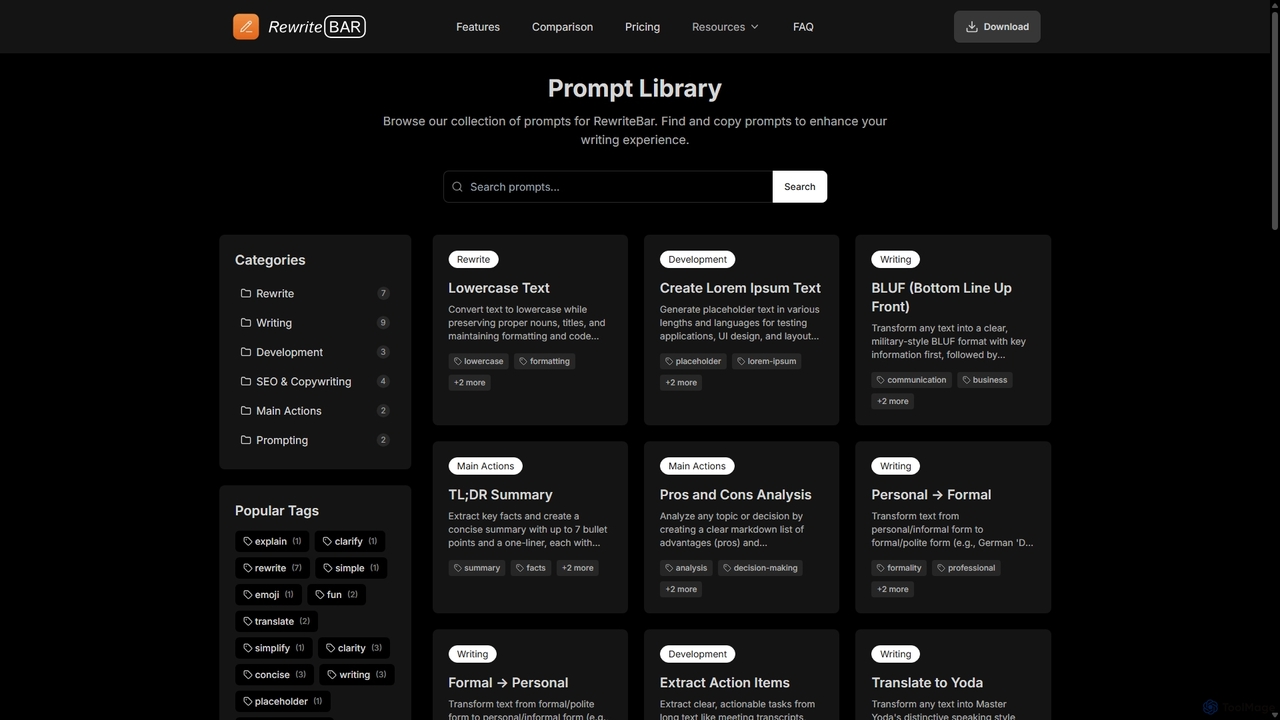 Prompt Library | RewriteBar for RewriteBar