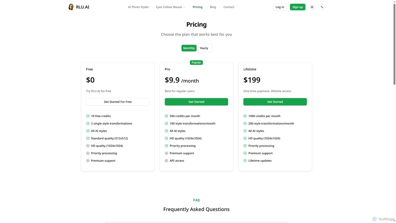 Pricing | RLU.AI - AI Photo Transformation | 100+ Artistic Styles for RLU