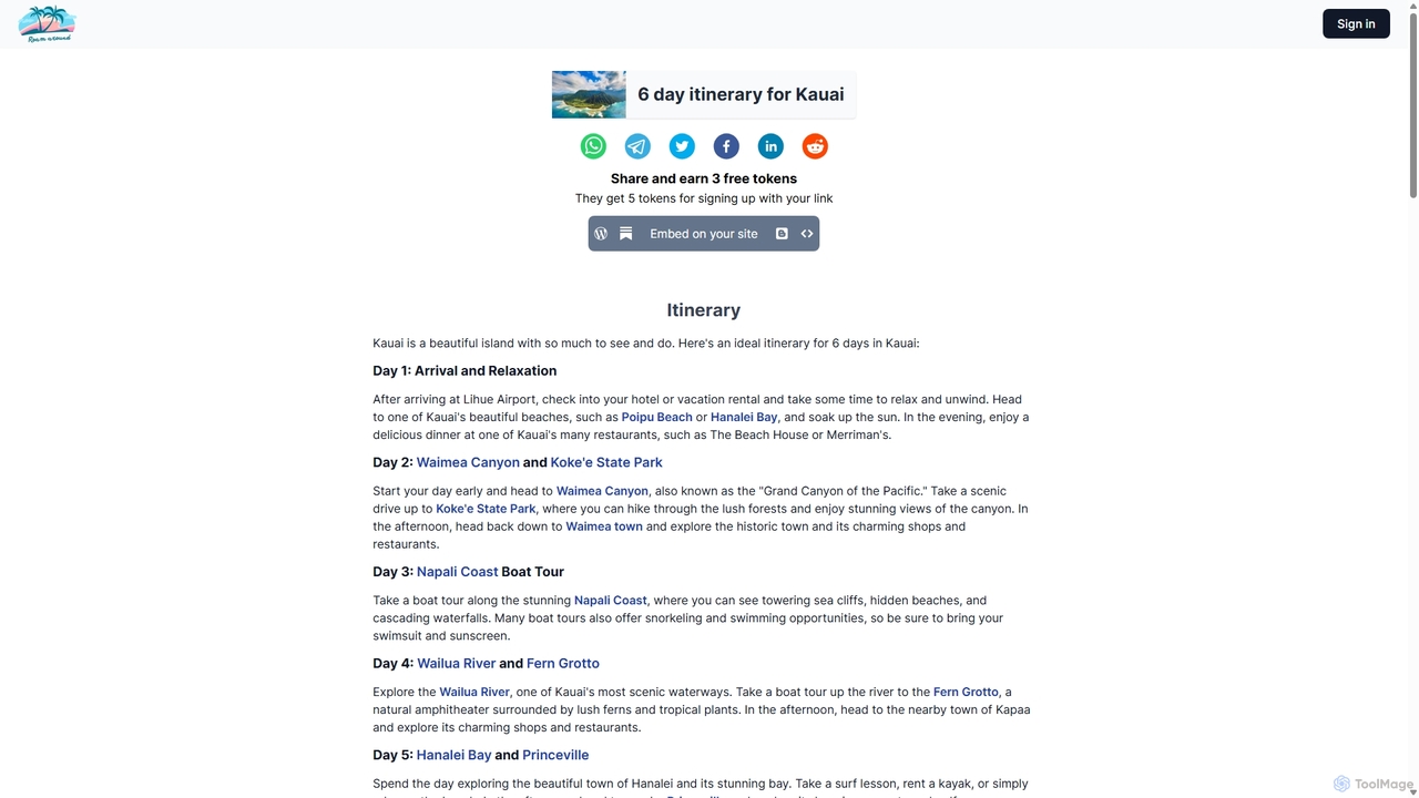 Itinerary for 6 day trip to Kauai for Roam Around