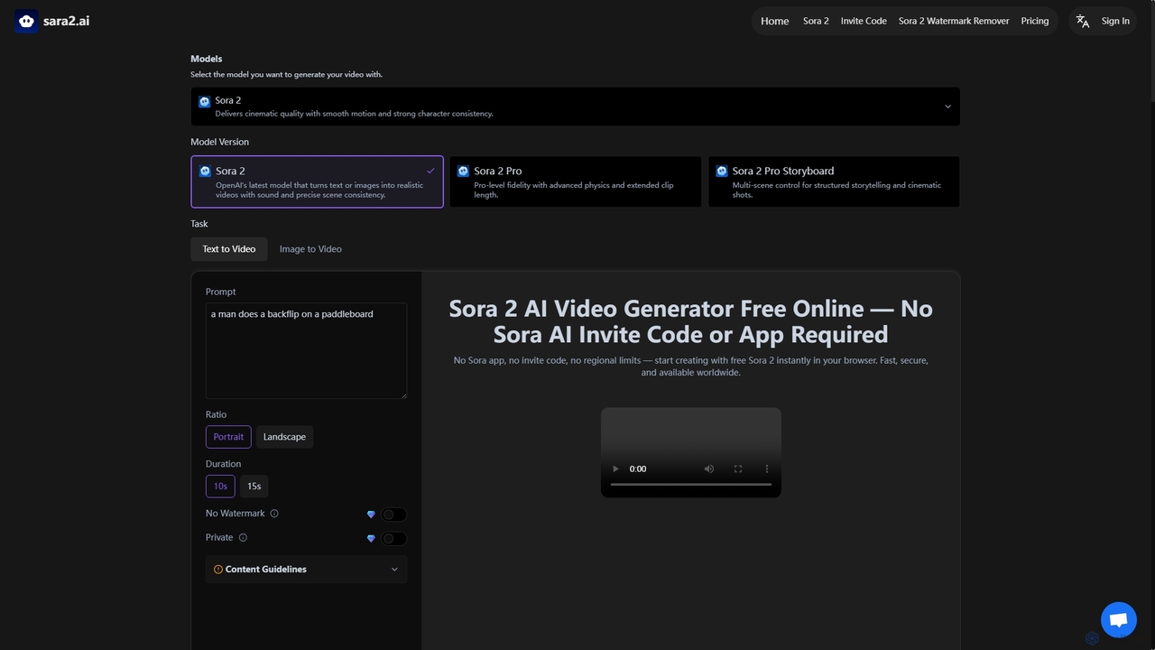 Sora 2 Free Online Without Invite Code or Sora App|Sara2.ai for Sara2