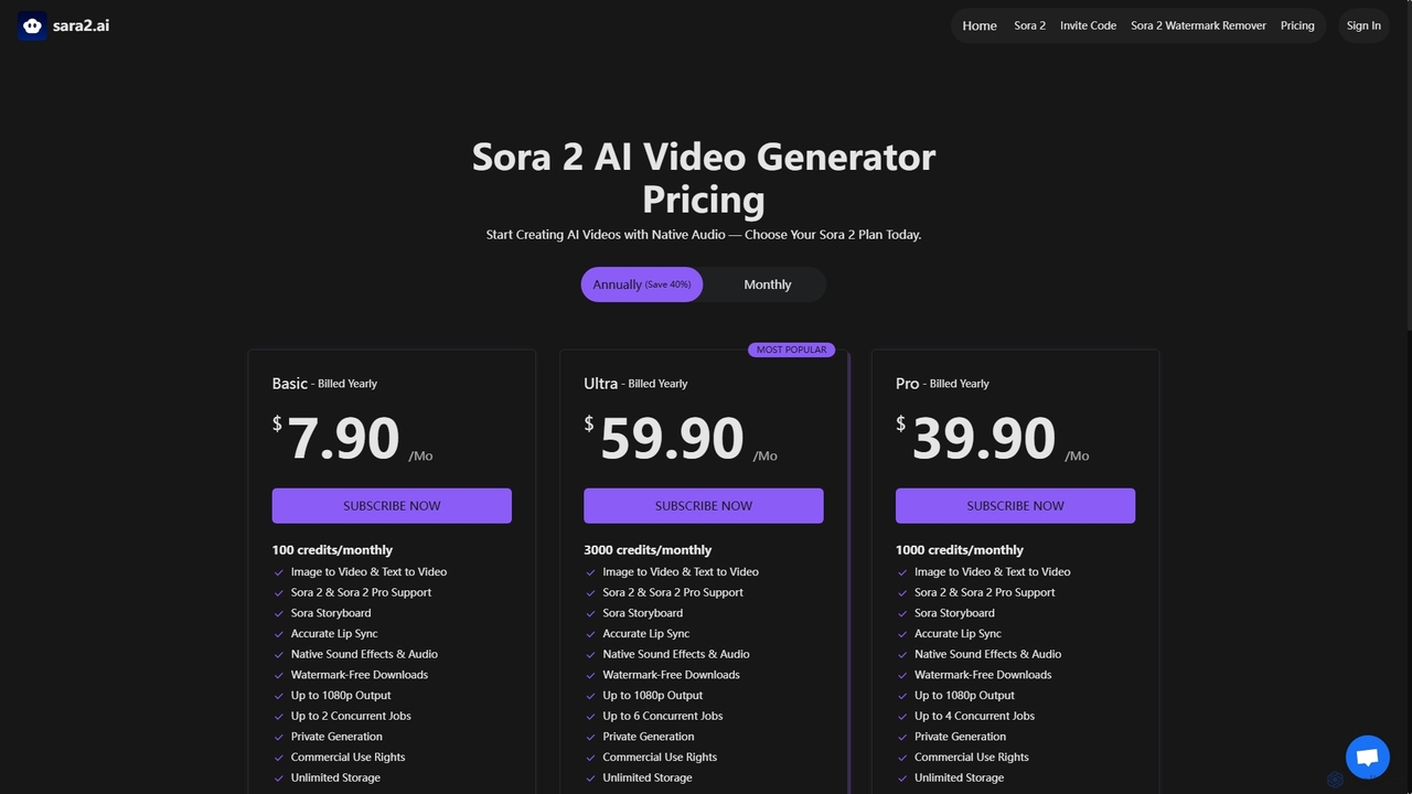 sara2.ai Sora 2 AI Video Generator Pricing for Sara2