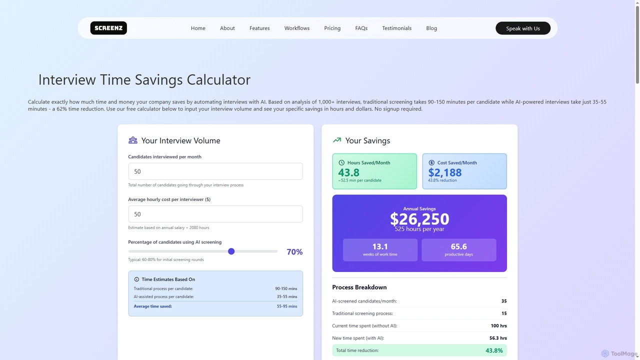Free Interview Time Savings Calculator | See Your ROI in 60 Seconds - Screenz.ai for Screenz