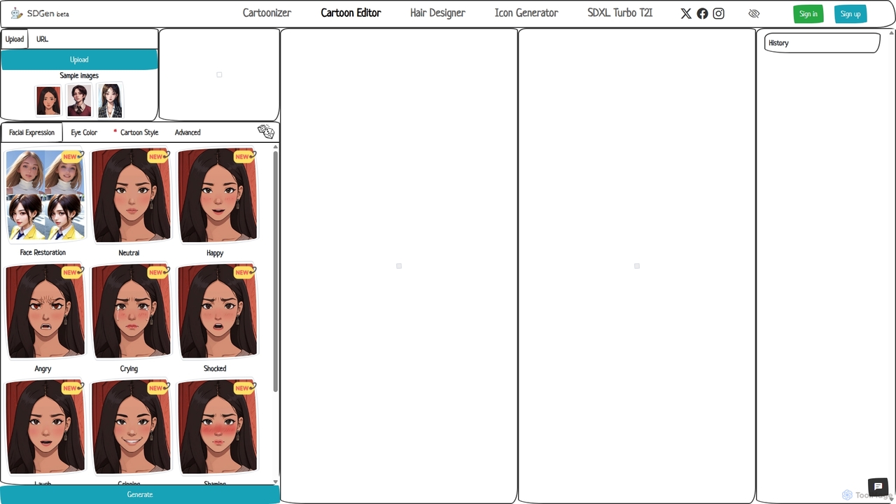 SDGen Cartoon Editor, Stable Diffusion Cartoon Editor, Facial Expression Editor, Face Restoration, Eye Color Editor, Image to Image for SDGen