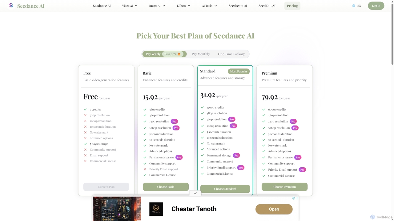 Pricing Plans | Seadance AI for Seedance AI
