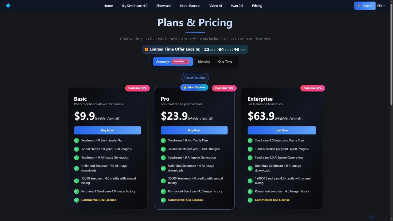 Plans & Pricing for Seedream 4