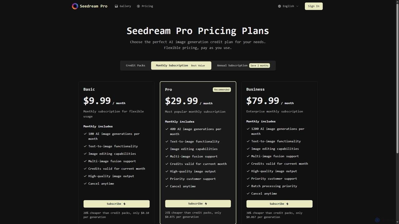 Pricing - Seedream Pro | AI Image Generation Plans for Seedream Pro