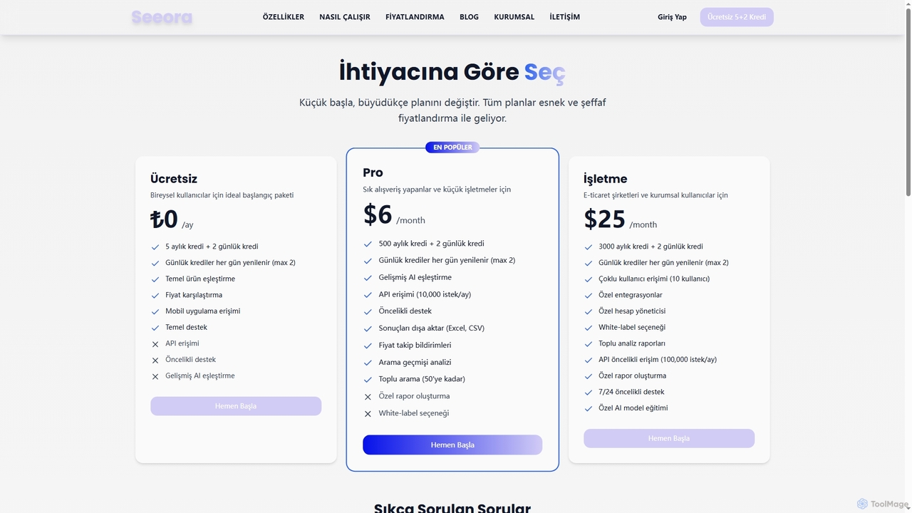 Fiyatlandırma | Seeora AI - Görsel Arama ve Fiyat Karşılaştırma Planları for Seeora AI