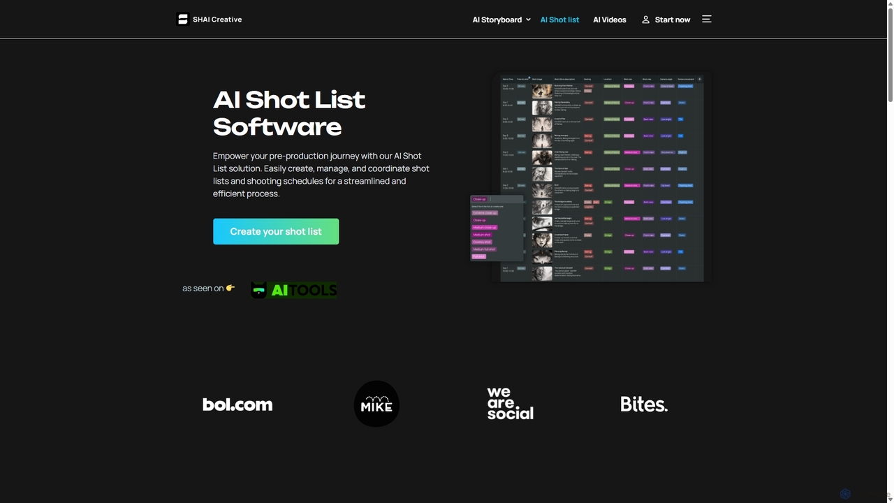 AI Shot List Software - Shai Creative for Shai Creative