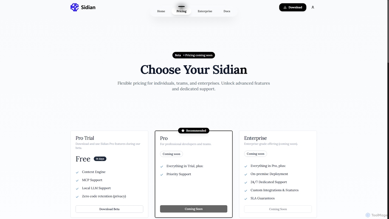 Pricing - Sidian | Free Beta, Pro & Enterprise Plans for Sidian