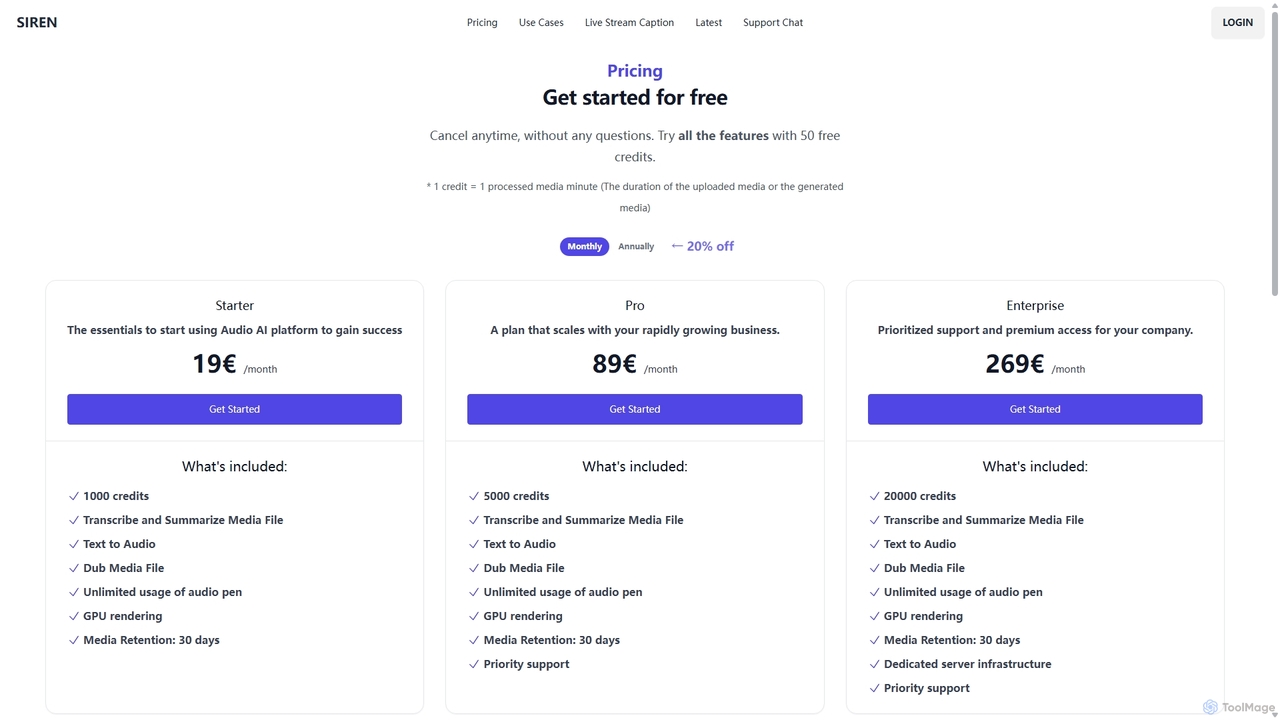 Pricing | The ultimate solution for Audio Transcription, Speech-To-Text, Audio Pen, Text-To-Speech, Video Dubbing, Live Stream Caption for SIREN