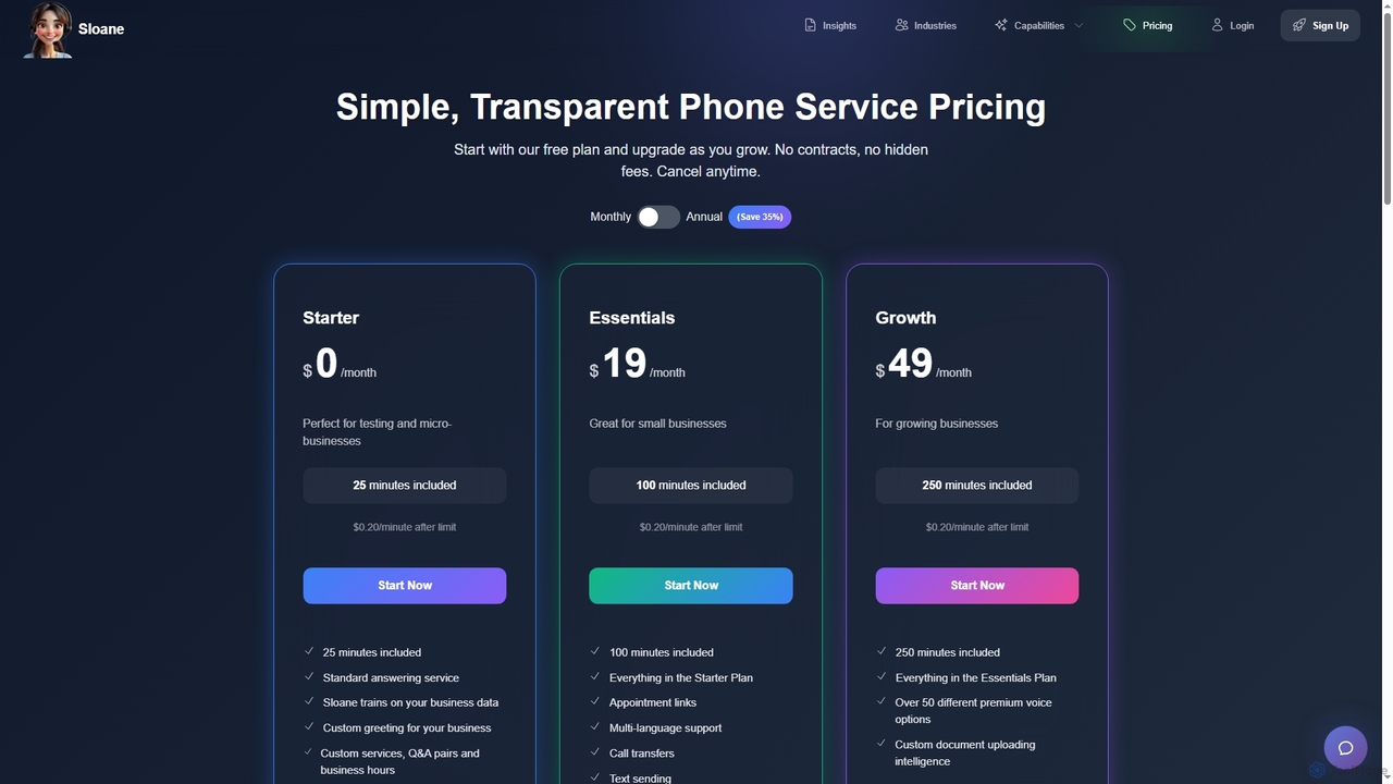Affordable AI Phone Answering Service Plan Pricing for Sloane