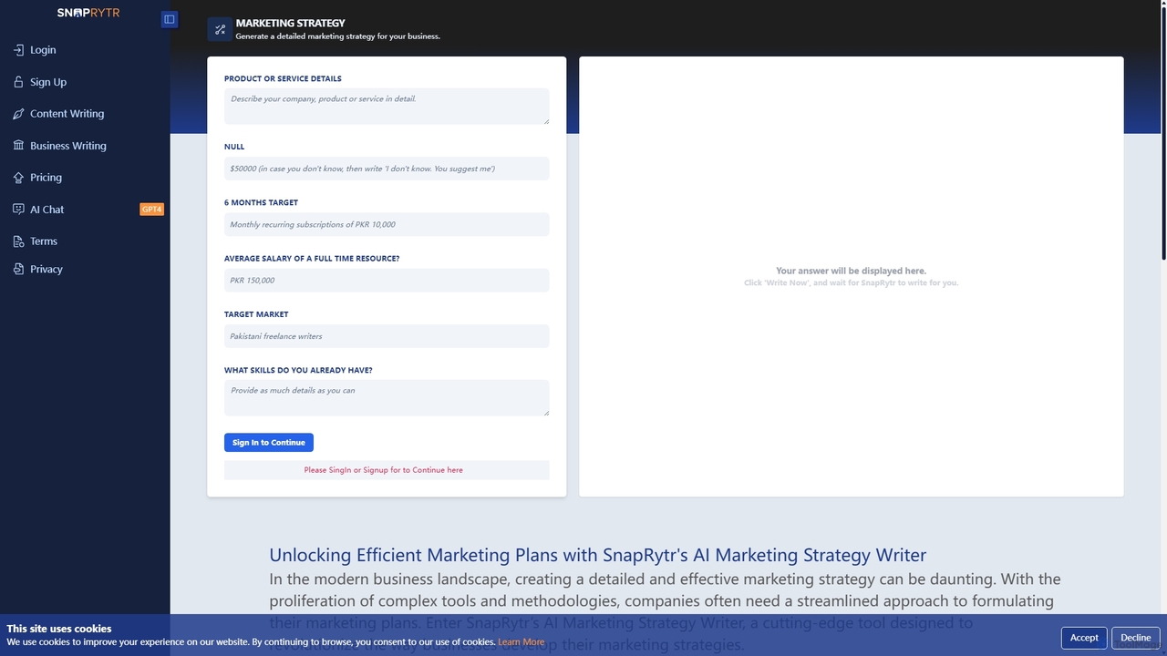Generate marketing strategy using AI generator | SnapRytr for SnapRytr