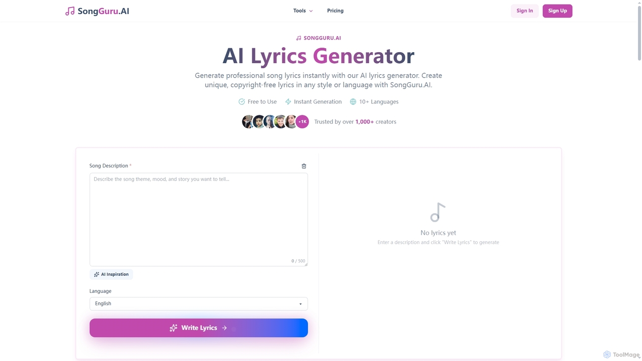AI Lyrics Generator | Free & Easy to Use - SongGuru.AI for SongGuru