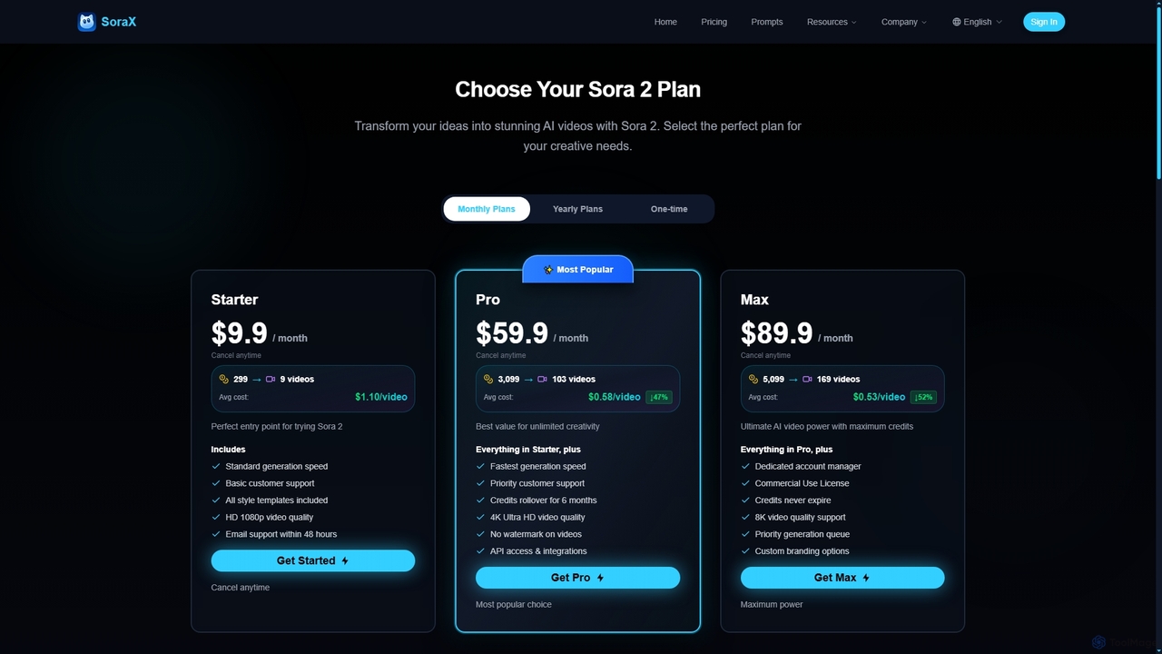 Sora 2 Pricing Plans - AI Video Generation Credits | SoraX for SoraX