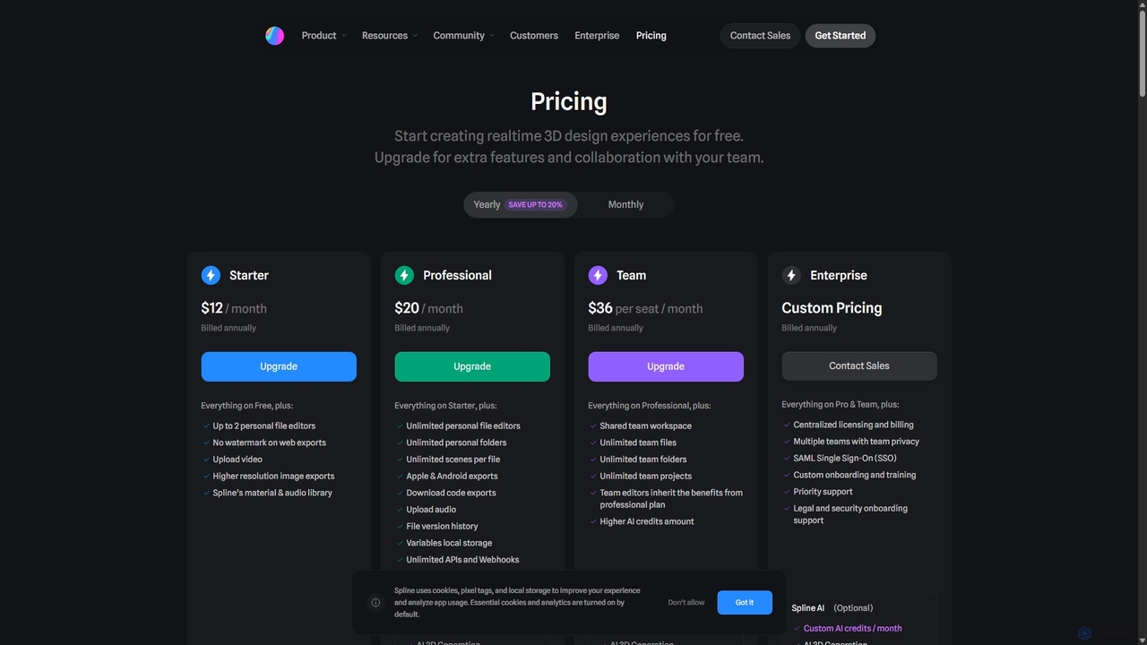 Spline Pricing - Interactive 3D experiences in real-time in the browser for Spline