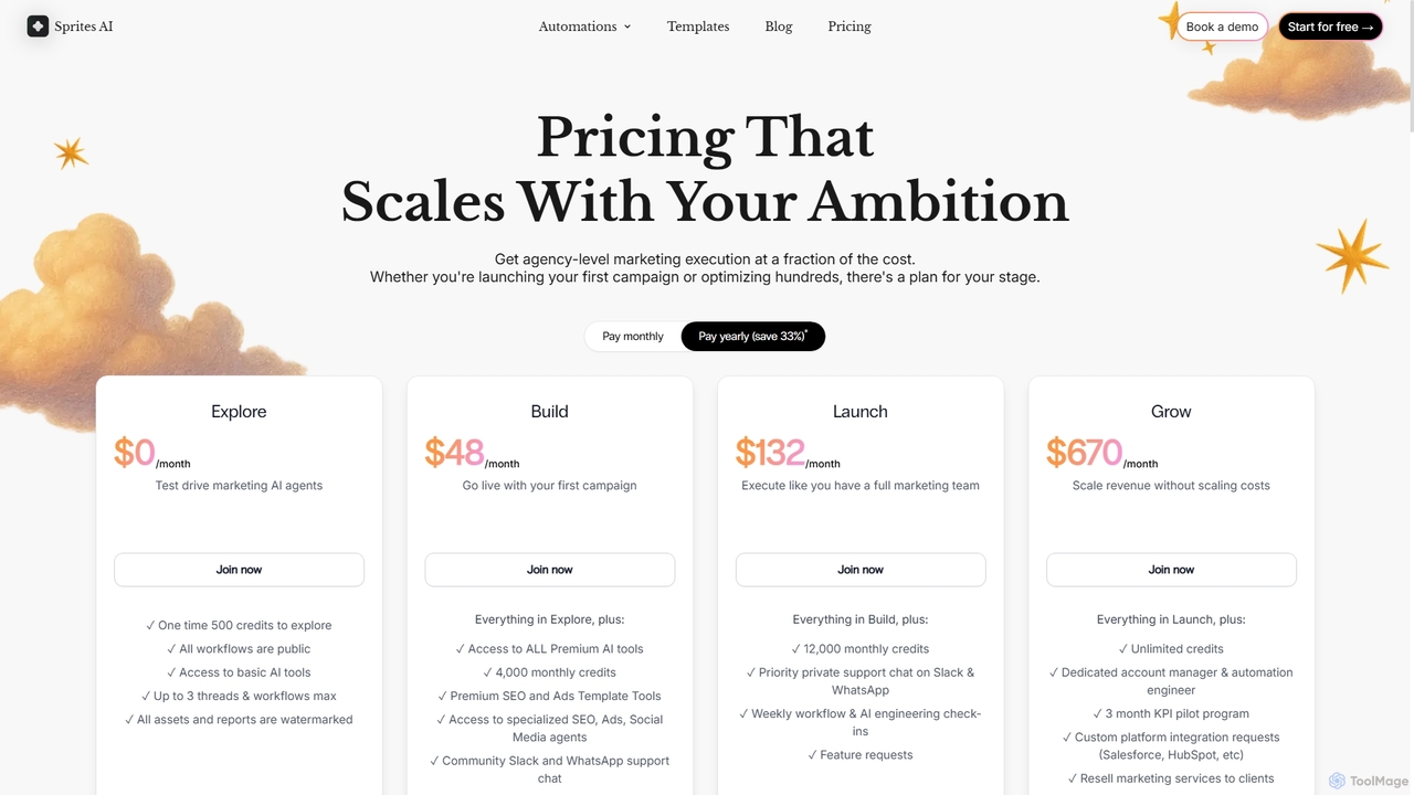 Compare plans, features and costs for AI marketing automation - Sprites AI for Sprites