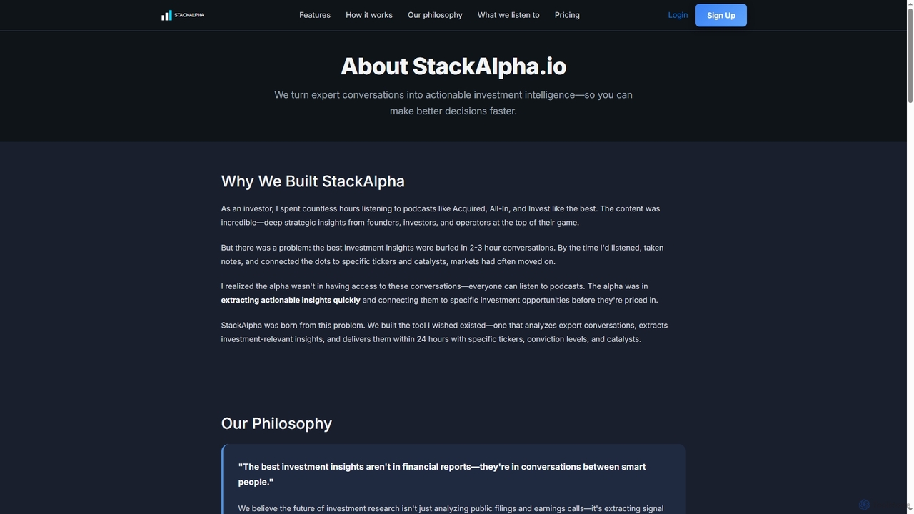About StackAlpha - Investment Intelligence From Expert Conversations for StackAlpha