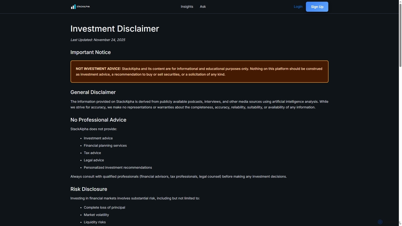 Investment Disclaimer - StackAlpha for StackAlpha
