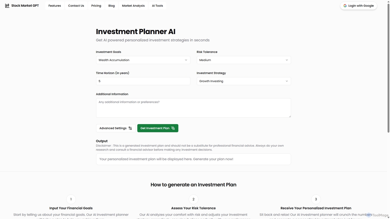 AI Investment Planner | Personalized Investment Strategies | 100% Free, No Login Required for Stock Market GPT