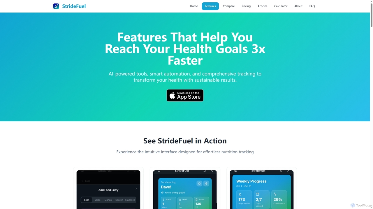 StrideFuel Features - AI Nutrition Coach, 80% Faster Logging | iOS App for StrideFuel