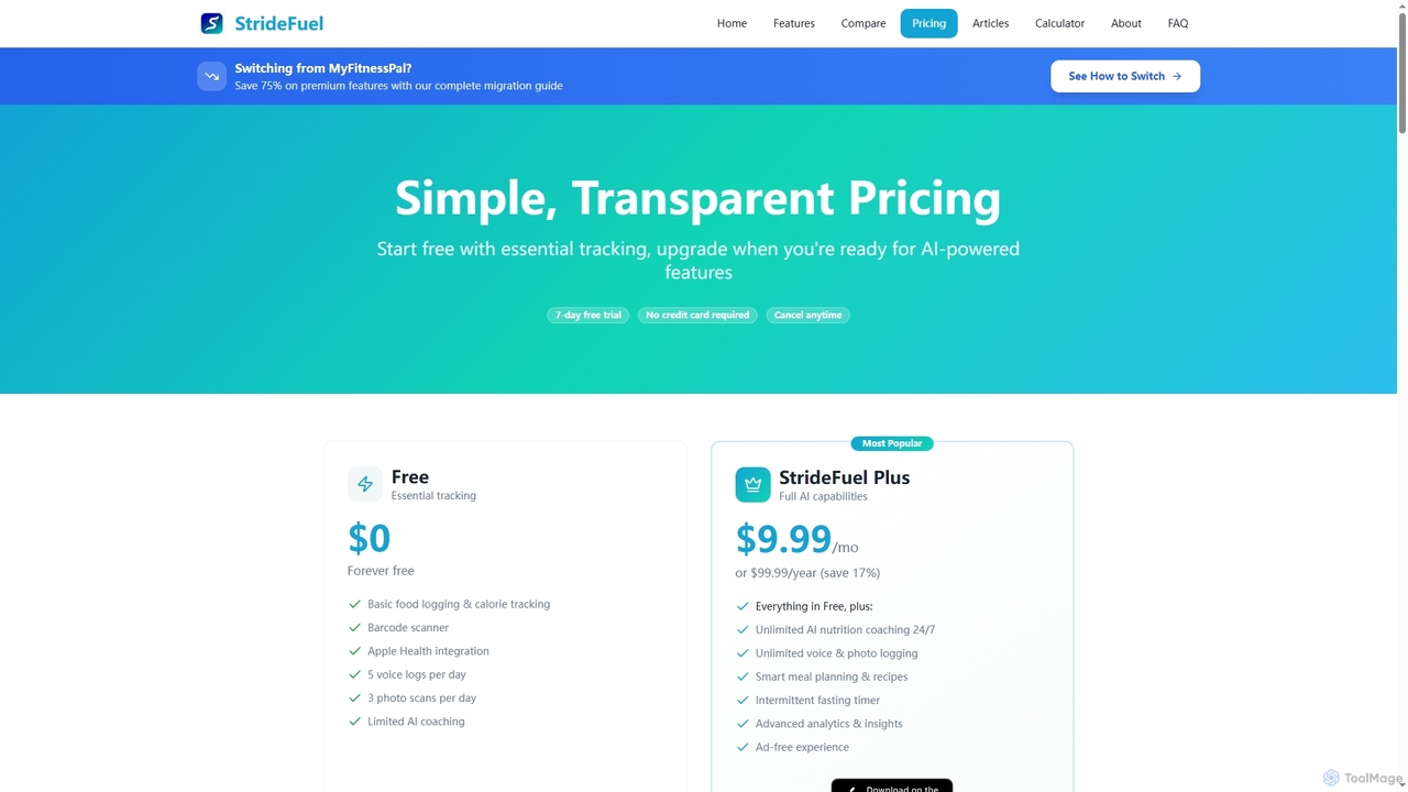 StrideFuel Pricing - Free & Plus Plans | AI Nutrition Tracking App for StrideFuel