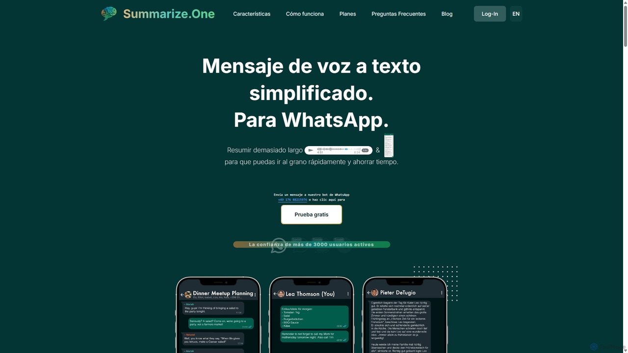 Resumen de mensajes de voz y mensajes de texto demasiado largos de WhatsApp for Summarize.one