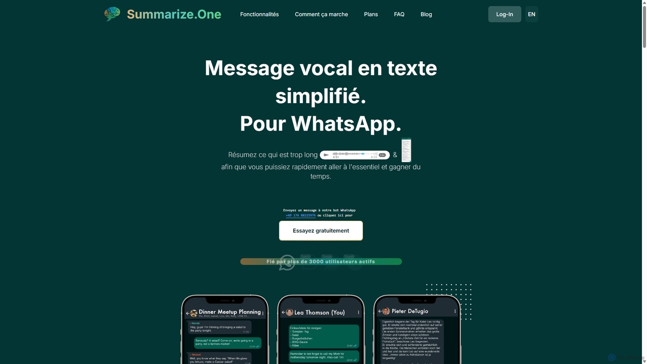 Résumez les messages vocaux WhatsApp et les messages texte trop longs for Summarize.one
