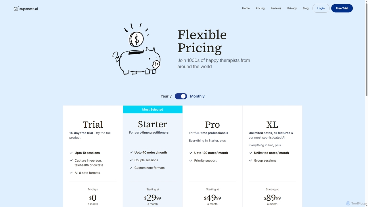 Pricing | AI Progress Notes for Psychologists for Supanote