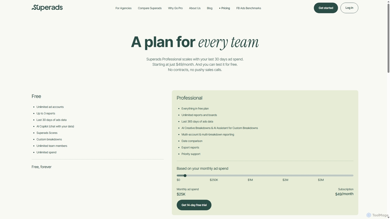 Superads Pricing - Free Ad Reporting & Professional Plans for Superads
