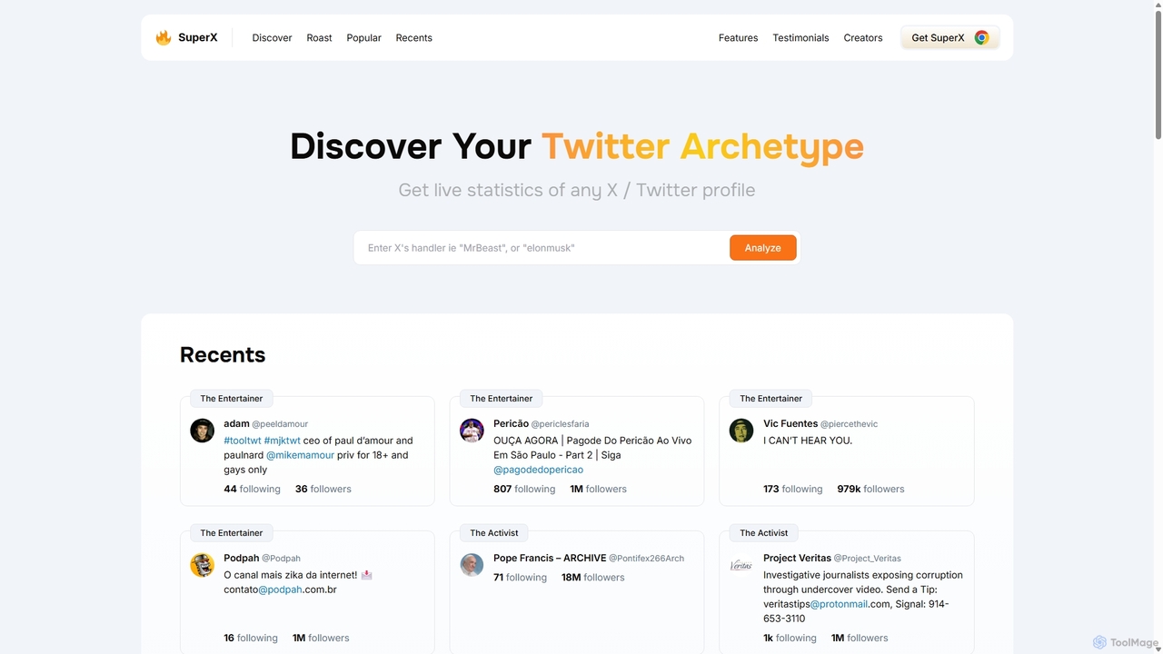 Discover your Twitter Archetype - Get live statistics of any X / Twitter profile for SuperX