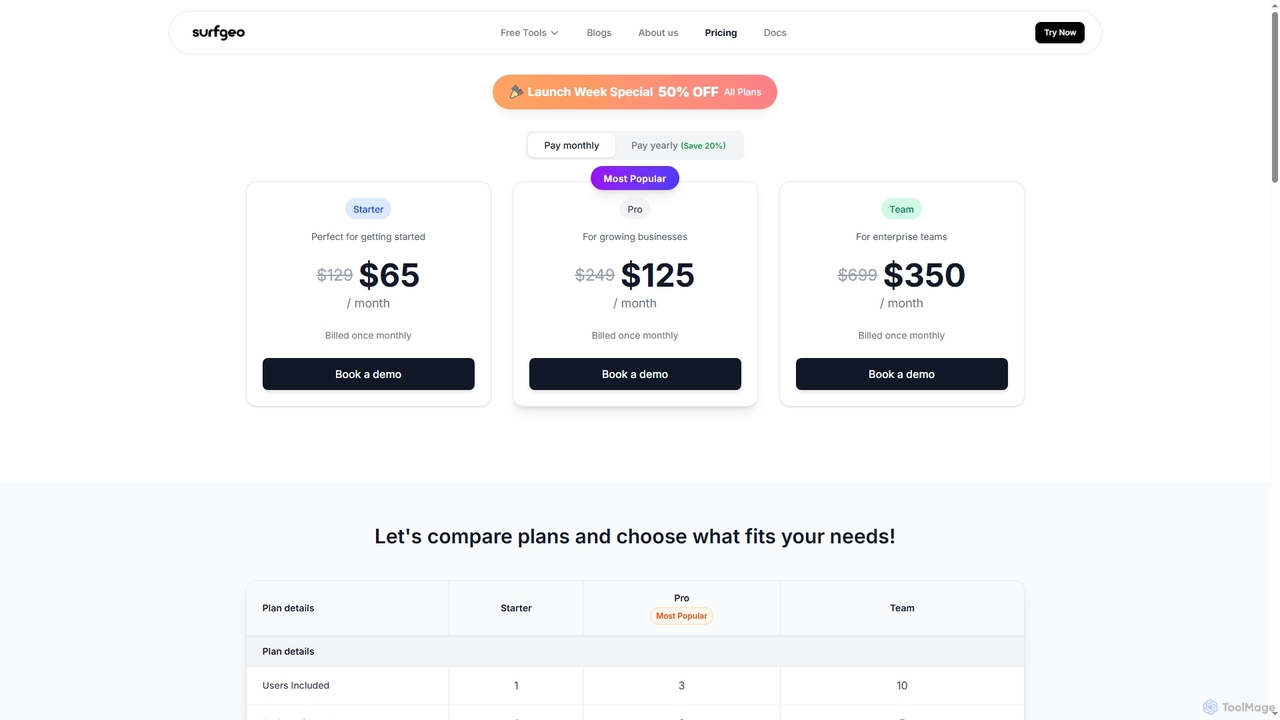 Pricing | Surfgeo - AI-Powered GEO Intelligence Plans for Surfgeo