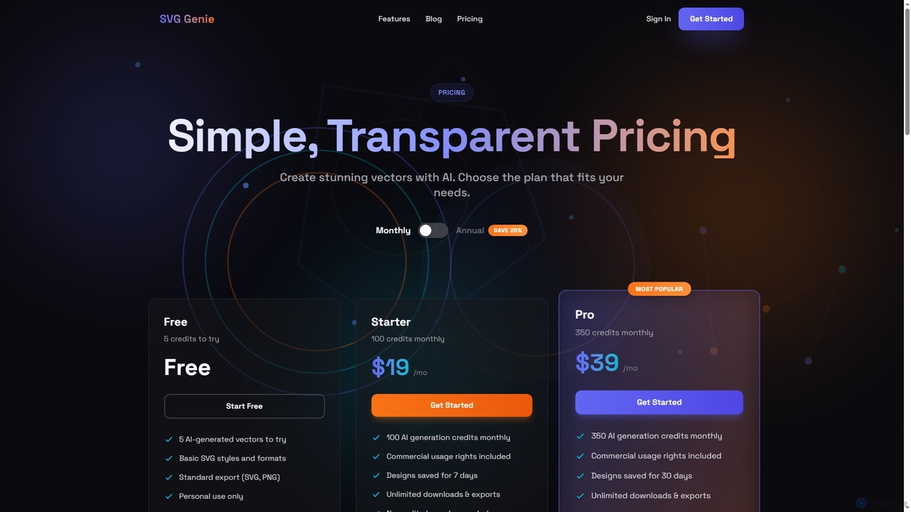 Pricing - SVG Genie | AI Vector Graphics Plans for SVG Genie