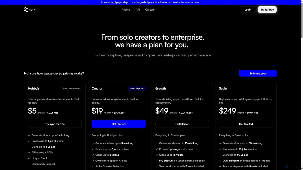 sync. pricing for Synclabs
