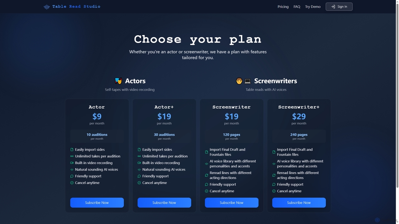 Pricing - Table Read Studio for Table Read Studio
