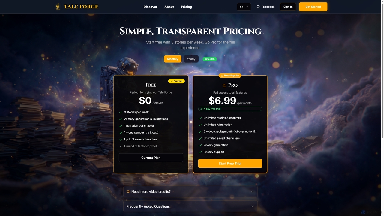 Pricing - Start Free, Go Pro for $6.99/month | Tale Forge for Tale Forge