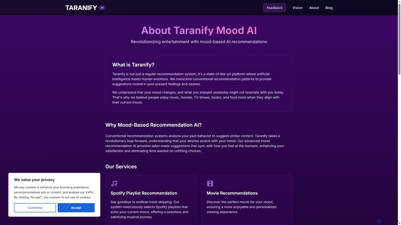 About Taranify | AI-Powered Mood-Based Recommendations for Taranify