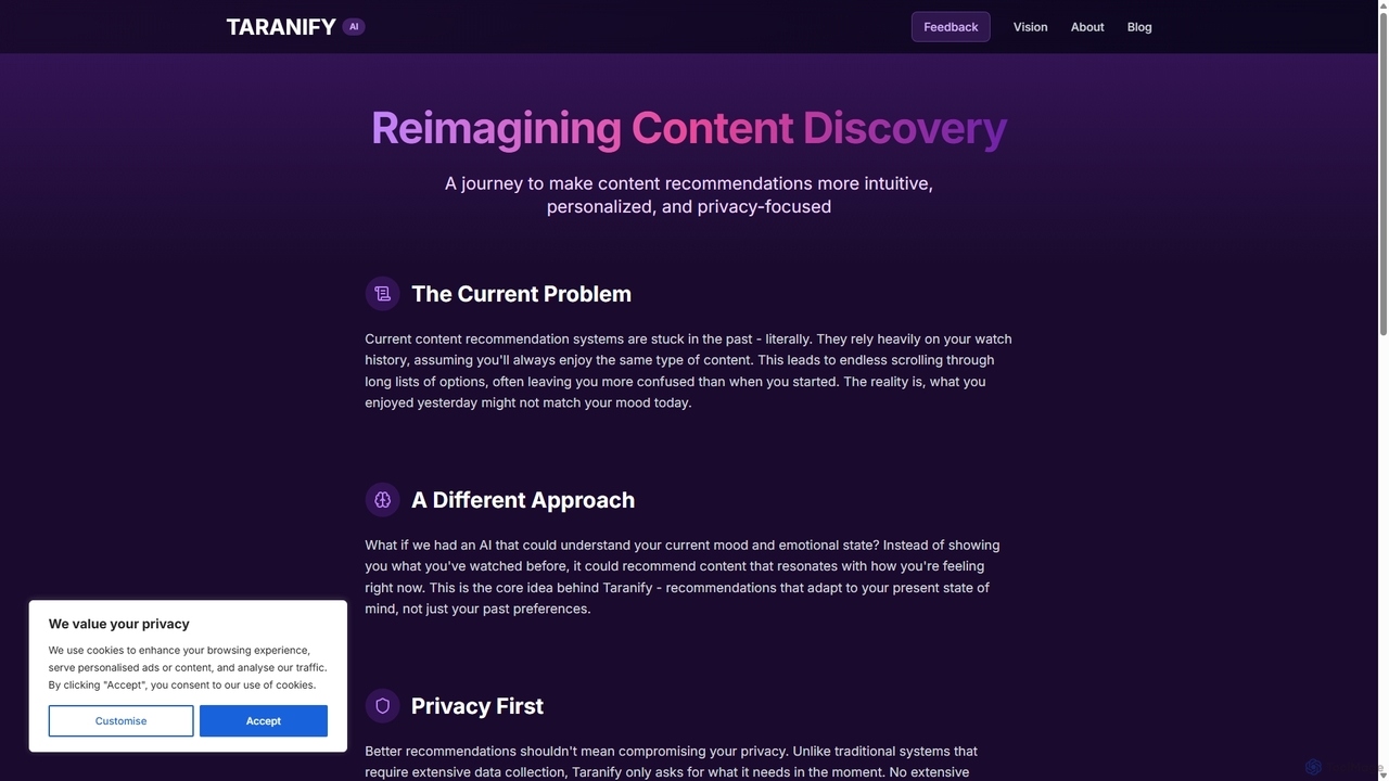 Vision | Privacy-First AI-Powered Entertainment Recommendations for Taranify